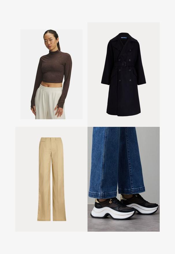Temno modri volneni dvojnabočni plašč s širokimi reverji, dolgimi rokavi, stranskimi žepi in pasom okoli pasu.; Rjava skrajšana majica z dolgimi rokavi in faux ovratnikom, narejena iz gladkega materiala, s prilegajočim se krojem in subtilnimi šivi. Bele hlače z elastičnim pasom.; Bež hlače širokega kroja iz gladkega bombaža, z klasičnim pasom in zadnjim žepom, ravnim krojem in minimalnimi detajli.; Črni in zlati supergi z ukrivljeno belo podplatom. Teksturirana tkanina z logotipskimi poudarki. Kombinirani s širokimi modrimi kavbojkami.