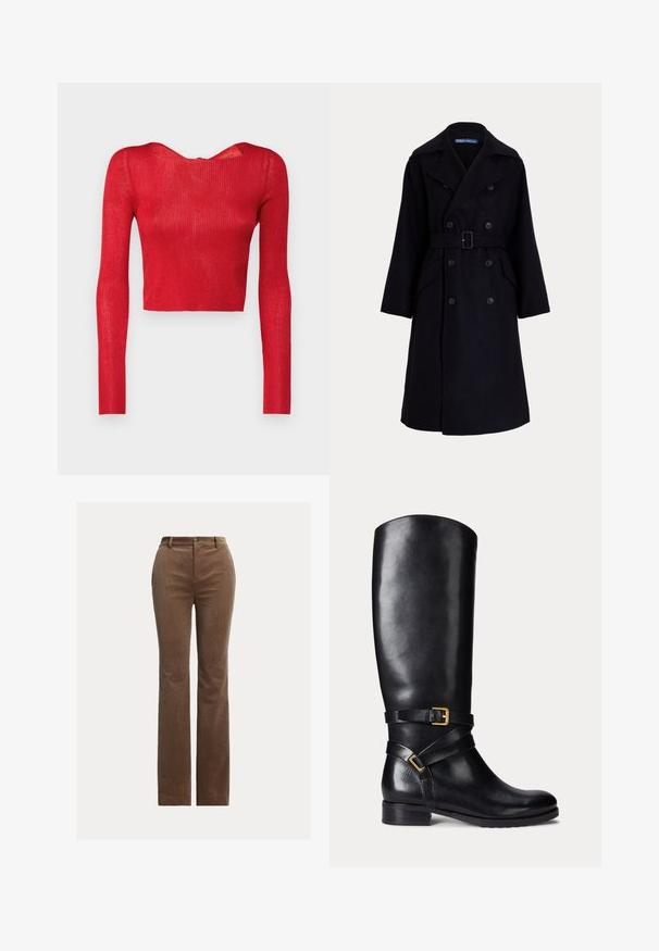 Tumšs jūras zilas vilnas dubultās krūšu mēteli ar plašām atlokām, garām piedurknēm, sānu kabatām un jostu vidukļa daļā.; Sarkanais ribotais garajām piedurknēm topiņš ar plata kakla izgriezumu un rāvējslēdzēju aizmugurē. Gluda tekstūra un pieguļošs siluets.; Brūni korduroja bikses ar taisnu kāju dizainu, ar jostas cilpām, priekšējiem kabatām un vieglu vertikālo rievu tekstūru.; Melna ādas ceļa auguma zābaks ar noapaļotu purngalu, zemu bloku papēdi un dubultām siksnām ar zelta sprādzi. Gluda tekstūra.