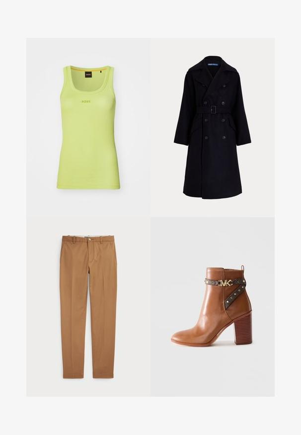 Tmavomodrý vlnený dvojradový trenčkot so širokými klopami, dlhými rukávmi, bočnými vreckami a opaskom v páse.; Pruhovaná bezrukávová top v jasnej limetkovej farbe s okrúhlym výstrihom. Obsahuje logo "BOSS" v zodpovedajúcej farbe vyšitú v strede na hrudi.; Hnedé bavlnené nohavice so slim-fit strihom, plochým predným dielom a štandardnými vreckami; hladká textúra a obháčkované manžety.; Hnedá kožená členková obuv so zúženým blokovým podpätkom, postranným popruhom so zlatými nitmi a zlatou sponou s logom "MK".