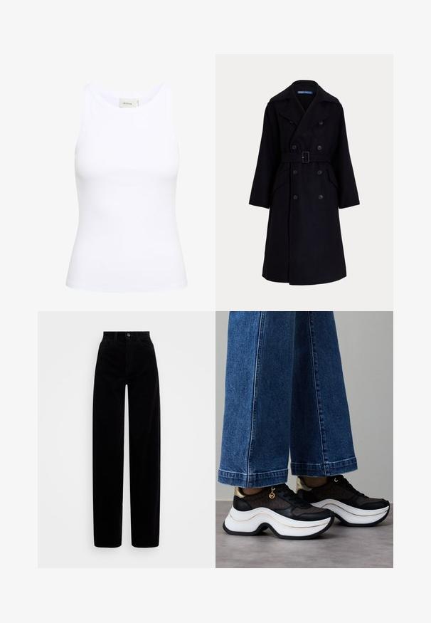 Dark navy wool double-breasted trench coat with wide lapels, long sleeves, side pockets, and a belt at the waist.; White ribbed tank top with a round neckline and no sleeves. Stretchy fabric and fitted design. Label at the back reads "GESTUZ."; Black corduroy pants with a high waist, wide leg design, and a single front button closure. Smooth texture with vertical ribbing.; Black and gold sneakers with a curved white sole. Textured fabric with logo accents. Paired with wide blue denim pants.