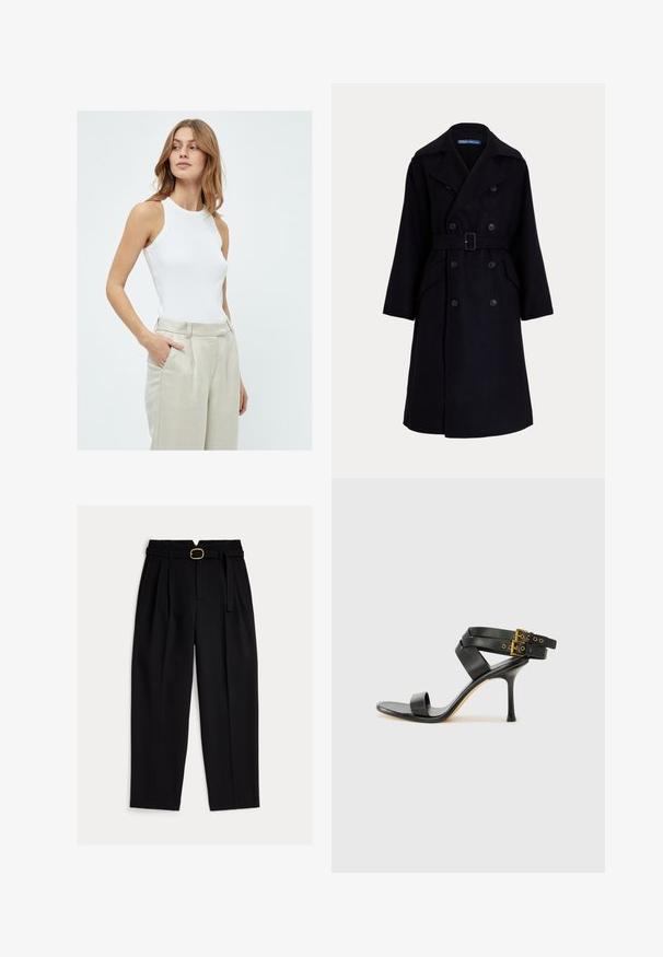 Dunkelblauer Woll-Doppelbreasted-Trenchcoat mit breiten Revers, langen Ärmeln, seitlichen Taschen und einem Gürtel in der Taille.; Weißes ärmelloses Tanktop mit figurnaher Passform, aus geripptem Stoff, kombiniert mit hellbeigen, hochgeschnittenen Leinenhosen.; Schwarze, hoch taillierte Hose mit einem Gürtel in der Taille, einer plissierten Vorderseite und weitem Bein. Hergestellt aus glattem Stoff mit klassischem Schnitt.; Schwarze Absatzsandale mit gekreuzten Riemen und verstellbarem Schnallenverschluss. Sie verfügt über eine glatte Textur und einen schmalen Stiletto-Absatz.