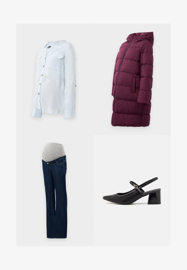 Parka bordeaux con cappuccio, dotata di chiusura frontale con zip e tasche laterali, realizzata in materiale trapuntato e resistente all'acqua.; Camicia button-up a righe azzurre chiare con maniche lunghe, due tasche sul petto e maniche arrotolate fissate da bottoni. Tessuto morbido e leggero.; Jeans premaman in denim blu scuro, dotati di un pannello elastico grigio per la pancia, design a gamba dritta e tasche frontali con dettagli metallici.; Décolleté in vernice nera con cinturino dietro, punta affusolata, design con ritagli arrotondati e tacco a blocco. Presenta un accento di fibbia tono oro.