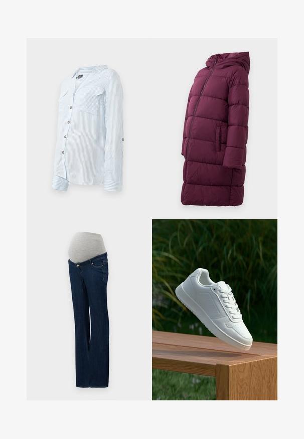 Burgundy puffer coat with a hood, featuring a front zip closure and side pockets, made of quilted, water-resistant material.; Light blue striped button-up shirt with long sleeves, two chest pockets, and roll-up sleeves secured by buttons. Soft, lightweight fabric.; Maternity jeans made of dark blue denim, featuring a grey elastic belly panel, straight leg design, and front pockets with metallic accents.; White sneaker with a smooth synthetic upper, perforated toe box, flat laces, and a textured sole, displayed on a wooden surface.