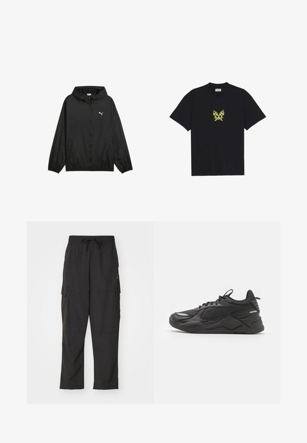 Zwarte windbreaker jas met een capuchon, elastische manchetten en zijzakken. Kenmerkt zich door een wit Puma-logo op de borst. Gladde, lichtgewicht stof.; Zwarte katoenen t-shirt met een kleine gele vlinderafbeelding met vlampatroon op de borst. Ronde halslijn, korte mouwen.; Zwarte cargobroek met een elastische tailleband en een trekkoord. Voorzien van twee zijzakken en gemaakt van een soepele, lichte stof.; Zwarte sneakers met een getextureerde bovenkant, gemaakt van mesh en synthetische materialen, een dikke zool en reflecterende accenten voor zichtbaarheid.