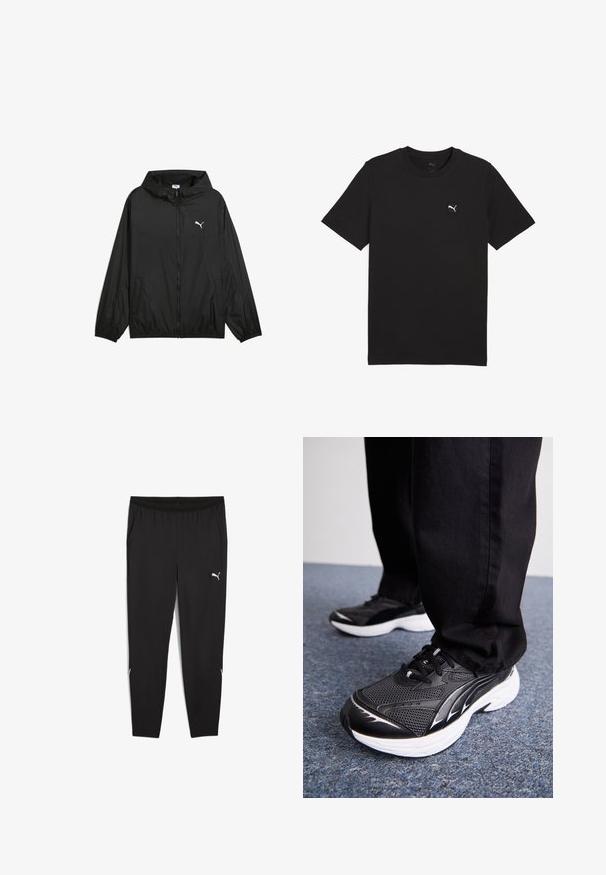 Zwarte windbreaker jas met een capuchon, elastische manchetten en zijzakken. Kenmerkt zich door een wit Puma-logo op de borst. Gladde, lichtgewicht stof.; Zwarte katoenen t-shirt met korte mouwen, ronde hals en een klein wit Puma logo op de linkerborst. Soepele textuur en normale pasvorm.; Zwarte sportbroek met een elastische tailleband, zijzakken en witte logo-accenten. Heeft een slim fit en een taps toelopend ontwerp.; Zwarte sportieve schoenen van mesh stof, met een witte zool en zwarte accenten. De zool heeft een gestructureerde loopvlak. Gemaakt in combinatie met zwarte broek op een blauwe tapijtoppervlakte.