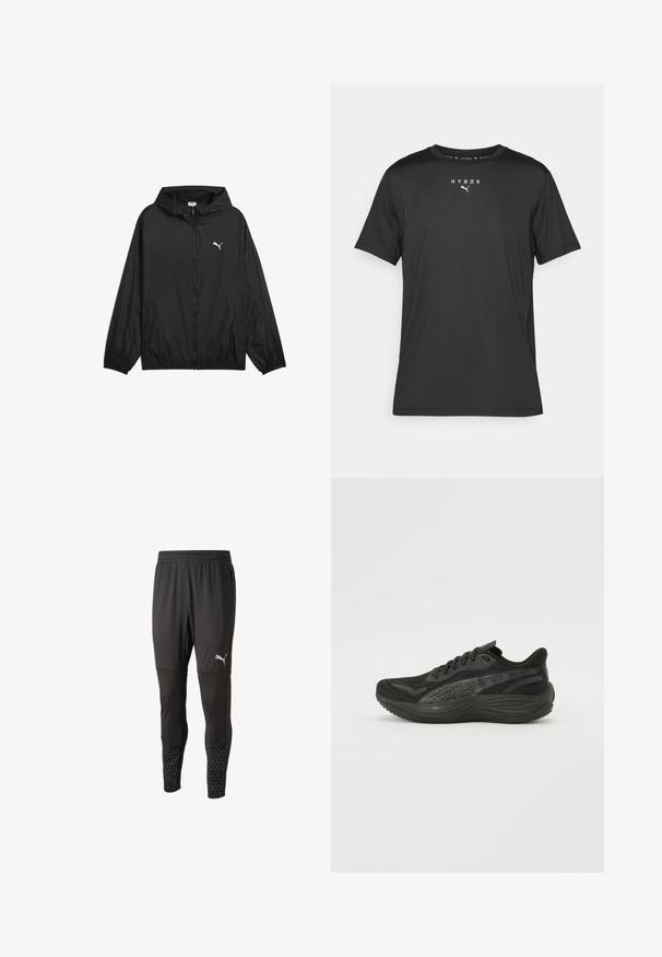 Giacca a vento nera con cappuccio, polsini elasticizzati e tasche laterali. Presenta un logo Puma bianco sul petto. Materiale morbido e leggero.; T-shirt sportivo nero a maniche corte realizzato in tessuto leggero. Caratterizzato da un colletto a girocollo e dal logo stampato "HYROX" con il simbolo Puma sul davanti.; Pantaloni sportivi neri con parte superiore testurizzata, design aderente e risvolti inferiori con motivo. Presentano una vita elastica e tasche laterali.; Scarpa sportiva nera con tomaia in mesh testurizzato, lacci piatti e suola ammortizzata con sottili dettagli riflettenti.