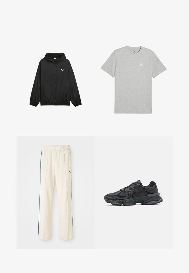 Crna jakna s kapuljačom, elastičnim manžetama i bočnim džepovima. Ima bijeli Puma logo na prsima. Glatki, lagani materijal.; Siva pamučna majica s okruglim izrezom, kratkim rukavima i malom bijelom logom na lijevoj strani grudi. Mekana tekstura, jednostavan dizajn.; Hlače od trenera bež boje s teksturiranim završetkom, s tamnozelenim bočnim prugama i elastičnim pojasom. Ikonični logo na kukovima.; Crne trkačke tenisice izrađene od kombinacije mrežastih i sintetičkih materijala, s debelim potplatom, zakrivljenim dizajnom i istaknutim brendom sa strane.