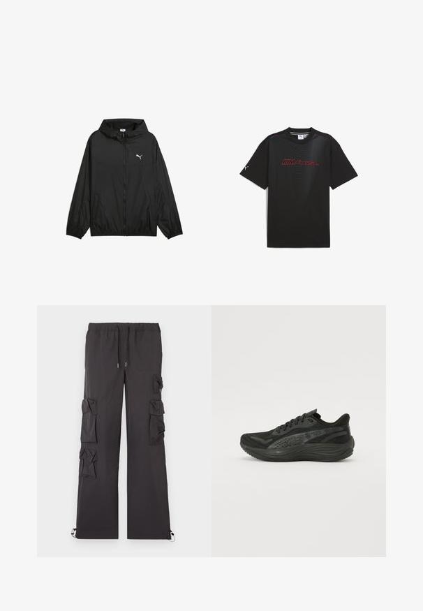 Must musta ja kapuutsiga tuulejakk, elastsete mansettide ja küljetaskutega. Rinnal on valge Puma logo. Sujuv ja kerge materjal.; Must soe-käte t-särk, millel on tekstureeritud graafiline disain, esitades esiküljel punast "M4 CSL" logot ning peene mööda kõveraid mustreid.; Mustad mustad püksid, millel on kummiga vöökoht, külgedel mitmed taskud ja elastsed mansetid pahkluude juures. Kerge kangas.; Musternähtud pealistusega mustad sportlikud jalatsid, sirged paelad ja pehmendatud tald, millel on peened peegeldavad aktsendid.