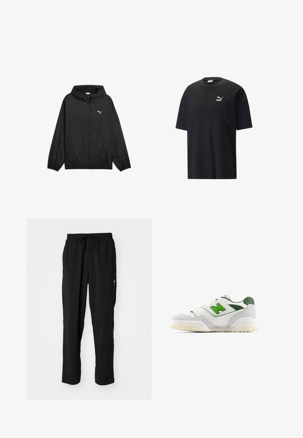Zwarte windbreaker jas met een capuchon, elastische manchetten en zijzakken. Kenmerkt zich door een wit Puma-logo op de borst. Gladde, lichtgewicht stof.; Zwarte katoenen T-shirt met korte mouwen, ronde hals en een wit Puma-logo op de borst. Eenvoudig en ongecompliceerd ontwerp.; Zwarte sportbroek gemaakt van lichtgewicht, gladde stof met een elastische tailleband, verstelbaar trekkoord en logo-accenten aan de zijkant.; Witte sneaker met groene accenten, gemaakt van leer en suède. Heeft een gestructureerde bovenkant, een gevoerde kraag en een rubberen zool met zichtbare loopnoppen.