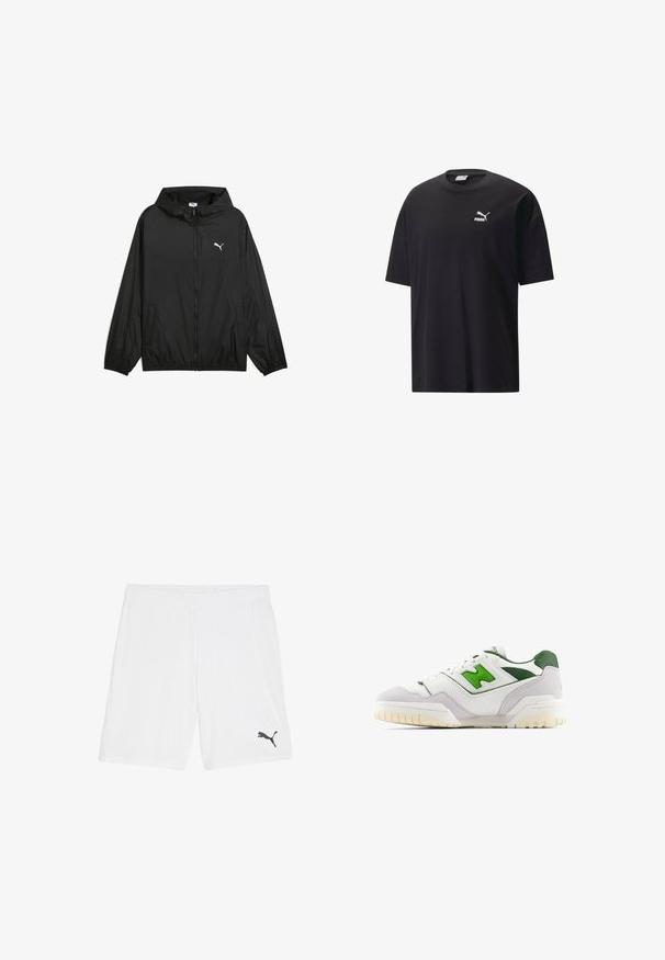 Chaqueta cortavientos negra con capucha, puños elásticos y bolsillos laterales. Presenta un logo blanco de Puma en el pecho. Material suave y ligero.; Camiseta de algodón negra con mangas cortas, escote redondo y un logo blanco de Puma en el pecho. Diseño simple y sin adornos.; Bermudas deportivas blancas hechas de tejido ligero, con una cintura elástica y un pequeño logo negro en la parte inferior izquierda.; Zapatilla blanca con acentos verdes, hecha de cuero y ante. Presenta un upper texturizado, collar acolchado y una suela de goma con tacos visibles.