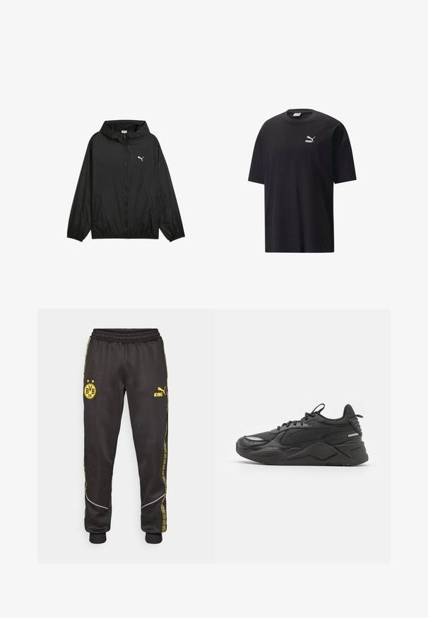 Melnā vēja pārvalka jaka ar kapuci, elastīgām piedurknēm un sānu kabatām. Uzbūvēts ar baltu Puma logotipu uz krūtīm. Gluda, viegla materiāla izvēle.; Melna kokvilnas T-krekls ar īsām piedurknēm, apaļo kakla izgriezumu un baltu Puma logo uz krūts. Vienkāršs un bez rotājumiem dizains.; Melni sporta bikses ar dzelteniem Borussia Dortmund BVB 09 un Puma King logotipiem, elastīga jostasvieta un rakstainas dzeltenas sānu svītras.; Melnas kedas ar teksturētu augšdaļu, kas izgatavota no sieta un sintētiskajiem materiāliem, ar biezu zoli un atstarojošiem akcentiem redzamībai.