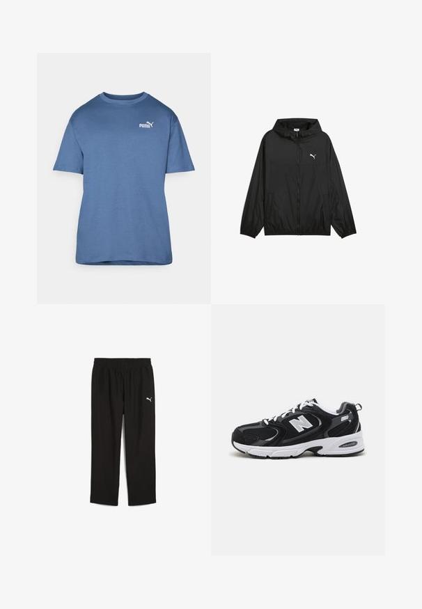 Juodas vėjo nepraeinantis džemperis su kapišonu, elastinėmis rankovėmis ir šoninėmis kišenėmis. Ant krūtinės yra baltas Puma logotipas. Lygus, lengvas audinys.; Mėlynas medvilninis marškinėlis su trumpomis rankovėmis, apvaliu kaklu ir baltu Puma logotipu kairėje krūtinės pusėje. Paprastas dizainas, lygus tekstūra.; Juodos sportinės kelnės su elastinga juostele, pagamintos iš lengvos medžiagos. Kairėje pusėje yra mažas baltas Puma logotipas.; Juodi ir pilki sportiniai batai su tinklu ir zomšos viršutine dalimi, su balta vidurio pade, raišteliais ir ryškiu "N" logotipu šone.