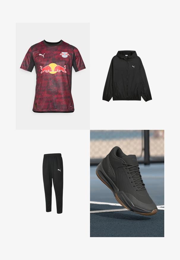 Crna jakna s kapuljačom, elastičnim manžetama i bočnim džepovima. Ima bijeli Puma logo na prsima. Glatki, lagani materijal.; Crvena i crna kratkodlaka majica od lagane tkanine. Ima geometrijski uzorak, logo i žuti grafički prikaz bika sprijeda.; Crne atletske hlače od glatkog materijala, s pojasom na vezanje, suženim nogavicama i malim bijelim Puma logotipom s lijeve strane.; Crna atletska cipela s glatkim sintetičkim gornjim dijelom, teksturiranim naglascima i gumiranim potplatom, dizajnirana za performanse i udobnost.