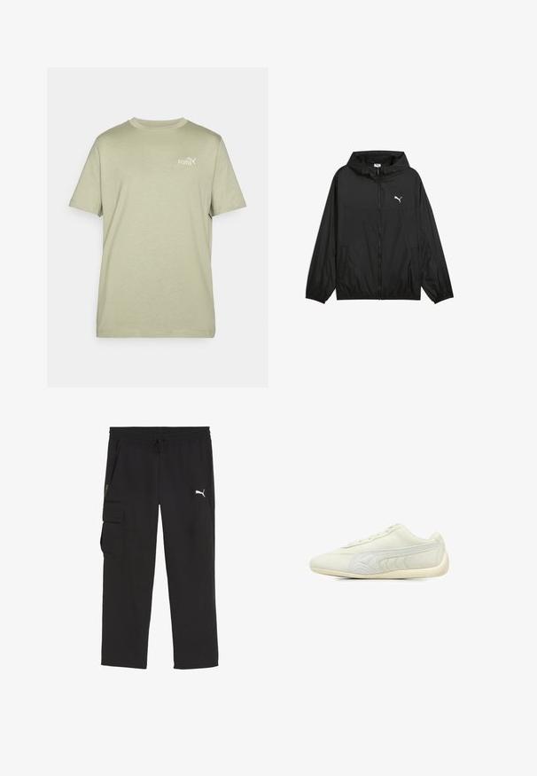 Zwarte windbreaker jas met een capuchon, elastische manchetten en zijzakken. Kenmerkt zich door een wit Puma-logo op de borst. Gladde, lichtgewicht stof.; Olijfgroene t-shirt met een ronde hals en korte mouwen. Heeft een klein wit Puma-logo op de borst. Gemaakt van zachte, lichte stof.; Zwarte cargobroek met een elastische tailleband en trekkoord. Heeft zijzakken en een klein logo op het linkerbeen. Lichtgewicht materiaal.; Lichtgrijze sportshoe van suede, met een glad oppervlak, ronde neus, minimalistisch design, vetersluiting aan de voorkant en textuurelementen aan de zijkant.