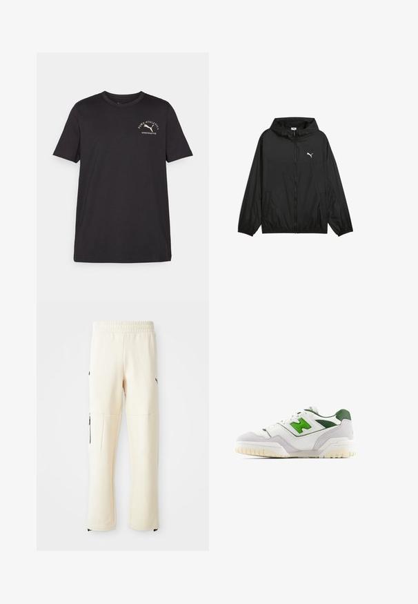 Mustat tuulenpitävät takit, joissa on huppu, joustavat hihansuut ja sivutaskut. Rinnassa valkoinen Puma-logo. Sileä, kevyt materiaali.; Musta puuvillapaita lyhyillä hihoilla, pyöreällä pääntiellä ja pienellä valkoisella logolla, jossa on juokseva kissa ja teksti vasemmassa yläkulmassa.; Helle beige sweatpants laget av myk stoff. Har en svart logo, sidelommer med glidelås, og en avslappet passform.; Valkoiset tennarit vihreillä yksityiskohdilla, valmistettu nahasta ja mokasta. Ominaisuuksiin kuuluu teksturoitu päällinen, pehmustettu varsi ja kumipohja, jossa näkyvät urat.