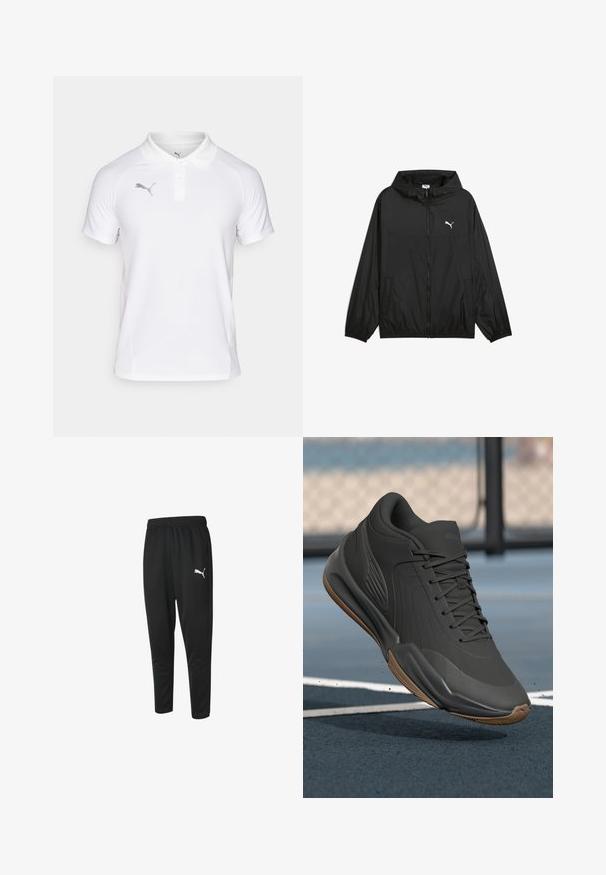 Zwarte windbreaker jas met een capuchon, elastische manchetten en zijzakken. Kenmerkt zich door een wit Puma-logo op de borst. Gladde, lichtgewicht stof.; Witte poloshirt van lichtgewicht stof met een klassieke kraag en korte mouwen. Bevat een grijze Puma-logo op de linkerkant van de borst.; Zwarte sportieve broeken van gladde stof, met een tailleband met trekkoord, taps toelopende benen en een klein wit Puma-logo aan de linkerkant.; Zwarte sportieve schoen met een glad synthetisch bovenwerk, gestructureerde accenten en een gumrubberen zool, ontworpen voor prestaties en comfort.