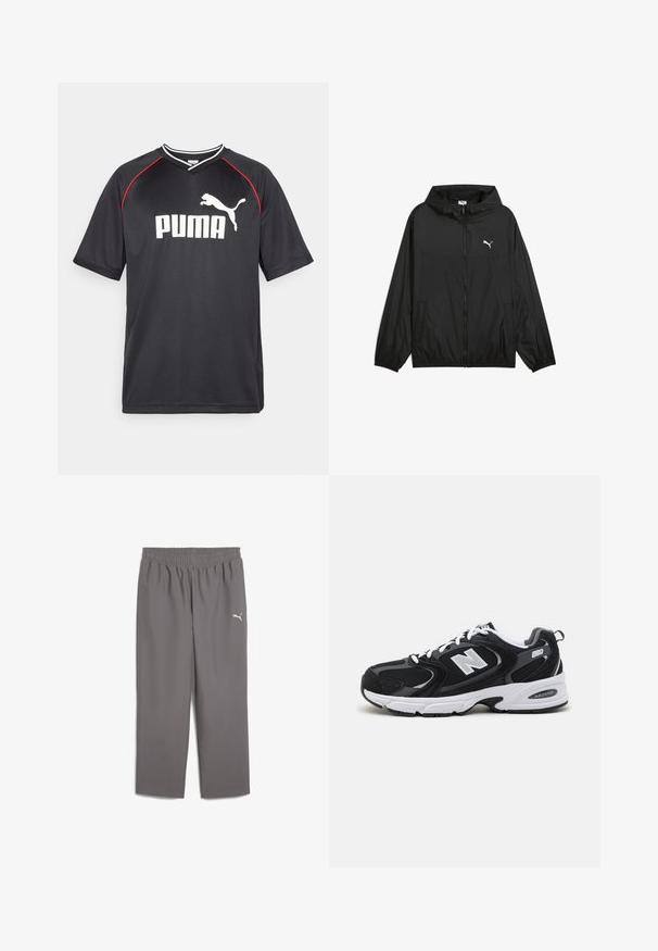 Juodas vėjo nepraeinantis džemperis su kapišonu, elastinėmis rankovėmis ir šoninėmis kišenėmis. Ant krūtinės yra baltas Puma logotipas. Lygus, lengvas audinys.; Juodas Puma sporto marškinėliai trumpomis rankovėmis, baltas logotipas, raudoni akcentai palei pečius ir V formos apykaklė. Pagaminti iš lengvos medžiagos.; Pilkos sportinės kelnės su elastinga juosmeniu, pagamintos iš lengvos medžiagos. Pasižymi maža balta logo ant kairiojo kojos.; Juodi ir pilki sportiniai batai su tinklu ir zomšos viršutine dalimi, su balta vidurio pade, raišteliais ir ryškiu "N" logotipu šone.