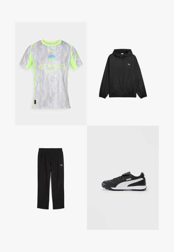 Melnā vēja pārvalka jaka ar kapuci, elastīgām piedurknēm un sānu kabatām. Uzbūvēts ar baltu Puma logotipu uz krūtīm. Gluda, viegla materiāla izvēle.; Pelē īsām piedurkņu krekls ar ūdens pilienu rakstu, neona zaļiem akcentiem un "Etihad Airways" logotipu ar apļa emblemām.; Melni sporta bikses ar elastīgu jostu, izgatavotas no viegla materiāla. Uz kreisās puses atrodas neliels balts Puma logo.; Melna zema topa futbola kurpe ar baltu sānu svītru, teksturētu zoli, šņorēšanu priekšā un Velcro atloku virs šņorēm uz vienkārša fona.