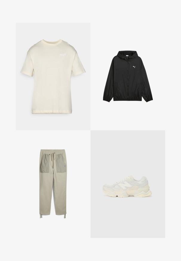 Zwarte windbreaker jas met een capuchon, elastische manchetten en zijzakken. Kenmerkt zich door een wit Puma-logo op de borst. Gladde, lichtgewicht stof.; Korte mouwen crème T-shirt gemaakt van zachte katoen, met een ronde hals en een klein geborduurd logo op de borst. Gladde textuur, relaxte pasvorm.; Beige broek met een elastische tailleband, trekkoord, twee grote voorzakken in een lichtere tint en verstelbare enkelriemen.; Lichte sneaker met een bovenwerk van mesh en suede in zachte crèmekleuren, met een chunky zool en driedimensionale accenten.