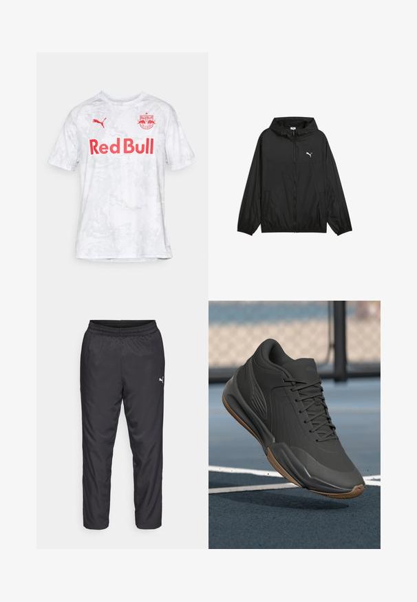 Sort vindjakke med hætte, elastiske manchetter og sidelommer. Har et hvidt Puma-logo på brystet. Glat, letvægtsmateriale.; Hvid fodboldtrøje med korte ærmer og et struktureret, marmorering mønster; har "Red Bull" i fed rød tekst og en Puma-logo.; Sorte træningsbukser lavet af glat, let materiale. Har en elastisk talje og et lille hvidt logo på venstre side.; Sort sportssko med en glat syntetisk overdel, teksturerede accenter og en gummigummisål, designet til ydeevne og komfort.