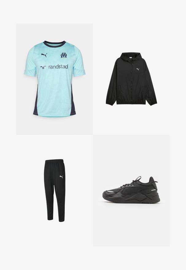 Giacca a vento nera con cappuccio, polsini elasticizzati e tasche laterali. Presenta un logo Puma bianco sul petto. Materiale morbido e leggero.; Maglietta da calcio a maniche corte azzurro chiaro con dettagli blu navy, caratterizzata da un motivo testurizzato, scollo rotondo e loghi sul petto e sulle maniche.; Pantaloni sportivi neri realizzati in tessuto liscio, con vita regolabile tramite cordino, gambe tapered e un piccolo logo Puma bianco sul lato sinistro.; Sneaker nera con tomaia testurizzata, realizzata in materiali mesh e sintetici, suola spessa e dettagli riflettenti per la visibilità.