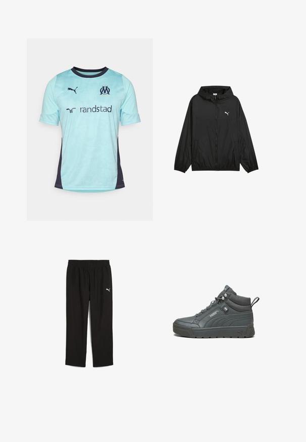 Črna vetrovka s kapuco, elastičnimi manšetami in stranskimi žepi. Ima bel logotip Puma na prsih. Gladek, lahek material.; Svijetloplava kratkosleeve nogometna majica s tamnoplavim naglascima, s teksturiranim uzorkom, okruglim izrezom i logotipima na prsima i rukavima.; Črne športne hlače z elastičnim pasom, izdelane iz lahkega materiala. Na levi strani imajo majhen bel logotip Puma.; Visoke teniske v srebrnem usnju z teksturiranim zaključkom, oblazinjenim ovratnikom in gumijastim podplatom. Imajo logo in šivane detajle na straneh.