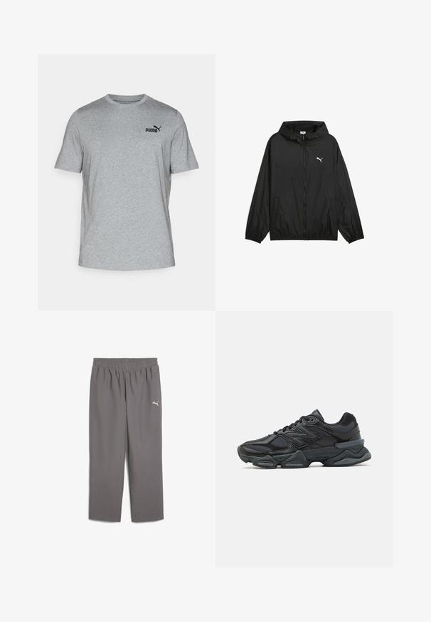 Črna vetrovka s kapuco, elastičnimi manšetami in stranskimi žepi. Ima bel logotip Puma na prsih. Gladek, lahek material.; Siva kratkarepa majica s kratkimi rokavi, izdelana iz mehke tkanine, z okroglo ovratnico in majhnim črnim logotipom Puma na prsih.; Sive športne hlače z elastičnim pasom, izdelane iz lahkega materiala. Imajo majhen bel logotip na levi nogi.; Črne tekaške superge, ki združujejo mrežaste in sintetične materiale, imajo debel podplat, ukrivljen oblikovni slog ter izrazito blagovno znamko na strani.