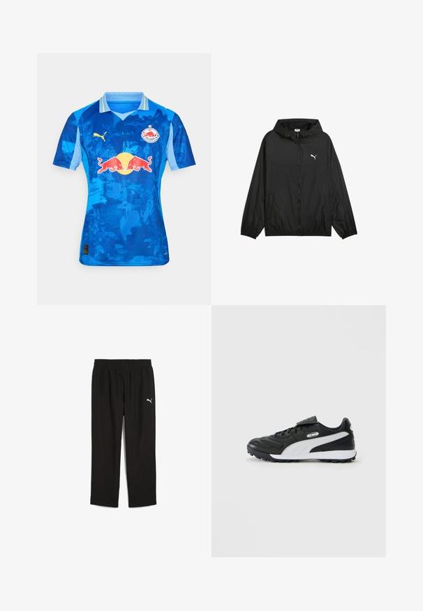 Fekete szélálló dzseki kapucnival, rugalmas mandzsettákkal és oldalsó zsebekkel. Fehér Puma logó található a mellkasán. Simább, könnyű anyagból készült.; Kék futballmez, amely átmenetes dizájnnal rendelkezik, a Puma logó a bal mellen és a Red Bull logó a középen található. Rövid ujjú és klasszikus gallérja van.; Fekete sportnadrág, rugalmas derékkal, könnyű anyagból készült. Bal oldalon egy kis fehér Puma logó található.; Fekete, alacsony felső rétegű focicipő fehér oldalsávval, texturált talppal, fűzős elejével és tépőzáras pecekfedővel, sima háttér előtt.