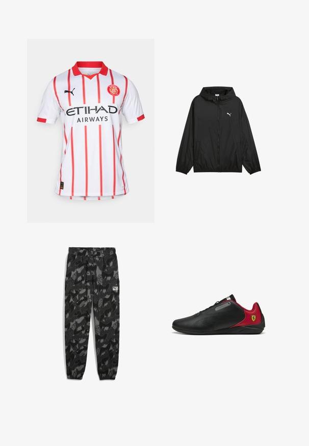 Čierna vetrovka s kapucňou, elastickými manžetami a bočnými vreckami. Má biele logo Puma na hrudi. Hladký, ľahký materiál.; Biela futbalová dres s červenými vertikálnymi pruhmi, červeným golierom a logom PUMA. Na hrudi je nápis "ETIHAD AIRWAYS" v čiernej farbe.; Čierne a šedé maskáčové joggers s elastickým pásom, obsahujúce rôzne abstraktné tvary a malú štítok s logom na boku.; Čierne tenisky s červenými doplnkami, elegantný dizajn, perforovaná textúra na vrchnej časti, s kovovým akcentom a logom na päte.