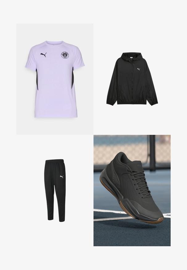 Fekete szélálló dzseki kapucnival, rugalmas mandzsettákkal és oldalsó zsebekkel. Fehér Puma logó található a mellkasán. Simább, könnyű anyagból készült.; Világos lila sportpóló rövid ujjakkal, fekete akcentussal az oldalán, és egy kör alakú logóval, amelyen a "FC St. Pauli 1910" felirat szerepel.; Fekete sportnadrág sima anyagból, megkötős derékkal, szűkített lábszárral és egy kis fehér Puma logóval a bal oldalon.; Fekete sportcipő sima szintetikus felsőrésszel, mintás díszítésekkel és gumi talppal, melyet teljesítményre és kényelemre terveztek.