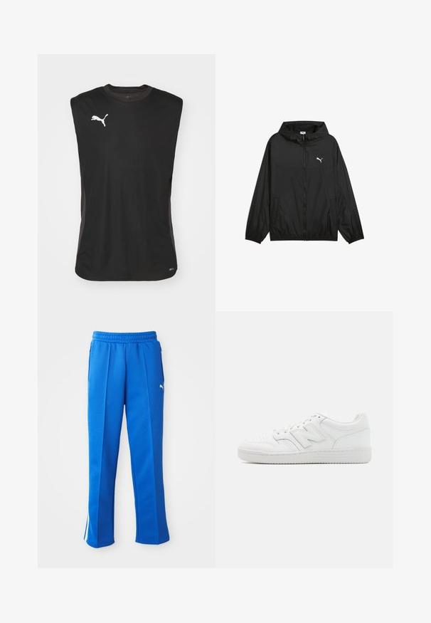 Czarna kurtka windbreaker z kapturem, elastycznymi mankietami i kieszeniami bocznymi. Na piersi znajduje się białe logo Pumy. Gładki, lekki materiał.; Czarna bezrękawnik sportowy wykonany z lekkiego materiału, z okrągłym dekoltem, akcentami z siateczki oraz białym logo Puma z przodu.; Niebieskie spodnie sportowe z elastycznym paskiem w talii, bocznymi kieszeniami i białymi akcentami w postaci pasków. Wykonane z gładkiego, rozciągliwego materiału.; Białe sneakersy z gładkiej skóry, z perforowanym noskiem, teksturowaną gumową podeszwą, płaskimi sznurówkami i wyraźnym logo 'N' z boku.