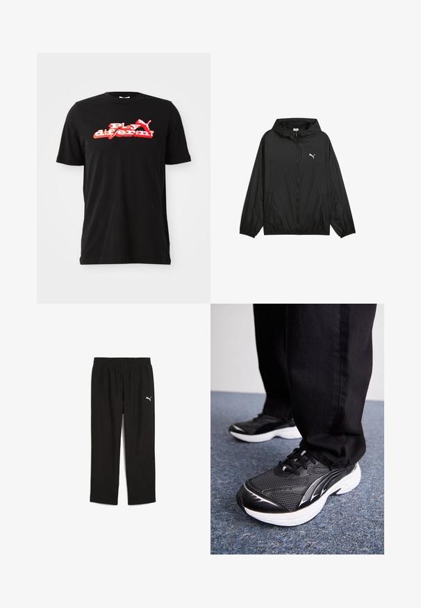 Mustat tuulenpitävät takit, joissa on huppu, joustavat hihansuut ja sivutaskut. Rinnassa valkoinen Puma-logo. Sileä, kevyt materiaali.; Mustat puuvillapaitat, jossa on rohkea punainen ja valkoinen graafinen muotoilu, jossa lukee "Play different!" ja logoelementti. Lyhyet hihat ja pyöreä kaula-aukko.; Mustat urheiluhousut, joissa on joustava vyötärönauha, valmistettu kevyestä materiaalista. Vasemmalla puolella pieni valkoinen Puma-logo.; Musta urheilukengät, joissa on verkkokangas, valkoinen pohja ja mustia yksityiskohtia. Pohjassa on rakenne. Käytetään mustien housujen kanssa sinisellä matolla.