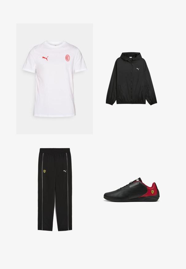 Veste coupe-vent noire avec capuche, poignets élastiques et poches latérales. Présente un logo Puma blanc sur la poitrine. Matériau lisse et léger.; T-shirt en coton blanc avec un logo Puma rouge sur la poitrine gauche et un emblème AC Milan rouge, avec des manches courtes et un col rond.; Pantalons de sport noirs avec une taille élastique, dotés d'un logo Ferrari jaune et de rayures blanches sur les côtés. Fabriqués en tissu léger.; Baskets noires avec des accents rouges, design élégant, texture perforée sur le dessus, avec un accent en métal et un logo sur le talon.