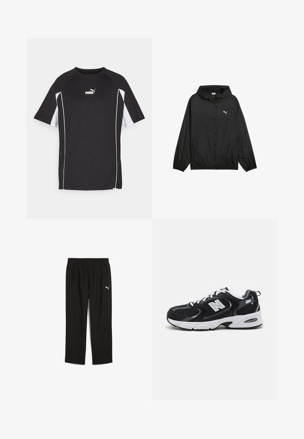 Melnā vēja pārvalka jaka ar kapuci, elastīgām piedurknēm un sānu kabatām. Uzbūvēts ar baltu Puma logotipu uz krūtīm. Gluda, viegla materiāla izvēle.; Melna sporta T-krekls ar īsām piedurknēm, ar baltām akcentiem un logotipu. Izgatavots no viegla, elpojoša auduma.; Melni sporta bikses ar elastīgu jostu, izgatavotas no viegla materiāla. Uz kreisās puses atrodas neliels balts Puma logo.; Melnas un pelēkas sporta kurpes ar acs un zamša augšu, ar baltu starpsole, auklām un uz sāniem izteiksmīgu "N" logo.