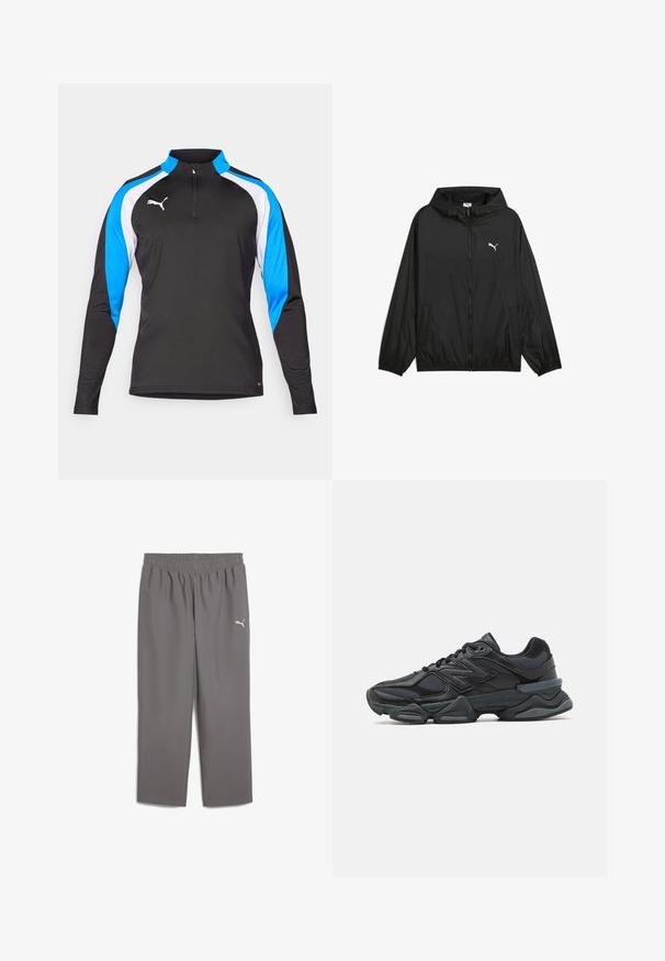 Mustat tuulenpitävät takit, joissa on huppu, joustavat hihansuut ja sivutaskut. Rinnassa valkoinen Puma-logo. Sileä, kevyt materiaali.; Musta urheilupaita pitkillä hihoilla, puolivetoketjukaulus, sinisiä ja valkoisia korostuspaneeleja sekä pieni valkoinen logo rinnassa. Sujuva kankaan rakenne.; Harmaat urheiluhaalarit, joissa on joustava vyötärö, valmistettu kevyestä kankaasta. Vasemmassa jalassa on pieni valkoinen logo.; Musta juoksukenkä, jossa on yhdistelmä verkko- ja synteettisiä materiaaleja, paksu pohja, kaareva muotoilu ja näkyvä brändäys sivussa.