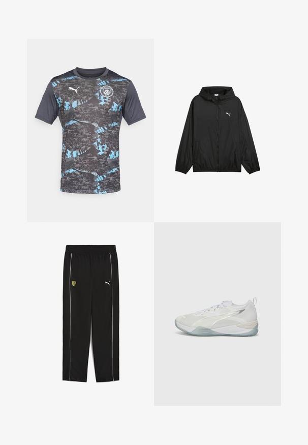 Svart vindjacka med huva, elastiska cuffs och sidofickor. Har en vit Puma-logotyp på bröstet. Slät och lätt material.; Kortärmad tröja i grått med svarta och blå abstrakta mönster, med Puma-logotyp och Manchester City-emblem på bröstet.; Svarta träningsbyxor med elastisk midja, prydda med en gul Ferrari-logga och vita sidosträck. Tillverkade av lättviktsmaterial.; Vit träningsskor med mesh-överdel, texturerade överlägg och genomskinlig sula. Har snörningsdesign och en bakre dragflik för enkel påtagning.