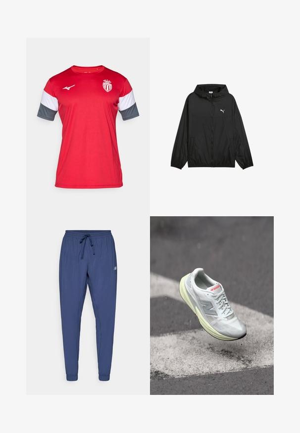 Svart vindjakke med hette, elastiske mansjetter og sidelommer. Har en hvit Puma-logo på brystet. Glatt, lett materiale.; Rød idrettsjersey med korte ermer, med grå og hvite detaljer. Laget av lett stoff, inkluderer logo på brystet og rund hals.; Mørkeblå treningsbukser med elastisk midjebånd, snøring og smale mansjetter. Har sidelommer og en liten logo på det ene benet.; Lett løpesko med et hvitt mesh-overdel, gul mellomsåle og grå detaljer. Har et fremtredende 'N'-logo og teksturert overflate.