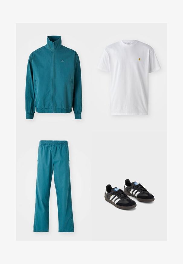 Teal jacket with a high collar, front zip closure, elastic cuffs, and a small logo on the chest. Textured fabric with side pockets.; White cotton t-shirt with short sleeves, crew neck, featuring a small gold logo on the left chest area. Soft texture and regular fit.; Teal-colored trousers made of lightweight fabric, featuring an elastic waistband and a straight cut with side pockets.; Black sneakers with a suede and synthetic upper, featuring three white stripes, textured rubber sole, and blue logo tag on the tongue.