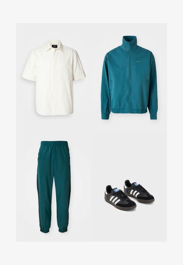 Veste légère teal avec un col montant, fermeture éclair à l'avant, deux poches latérales, poignets élastiques et trois rayures verticales le long des manches.; Chemise à manches courtes, boutonnée, en tissu blanc cassé avec une poche sur la poitrine gauche et un col classique. Texture lisse.; Pantalons de sport turquoise avec une taille à cordon de serrage, des poignets élastiques et des rayures noires sur les côtés. Fabriqués en tissu léger, avec un logo près des hanches.; Des baskets noires avec une tige en suède et en matériaux synthétiques, dotées de trois rayures blanches, d'une semelle en caoutchouc texturé et d'une étiquette de logo bleue sur la languette.