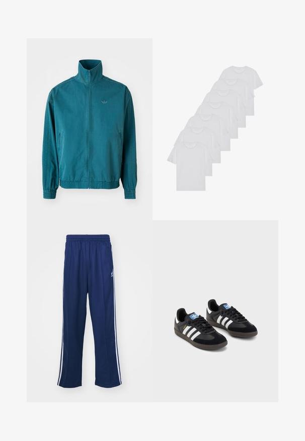 Casaco leve em teal com colarinho alto, fecho em zip, dois bolsos laterais, punhos elásticos e três riscas verticais nas mangas.; T-shirts brancos de algodão, mangas curtas, design de gola redonda, com textura lisa, empilhados em fila, com uma marcação subtil na gola.; Calças atléticas azul marinho com um corte descontraído, apresentando riscas laterais brancas e uma cintura elástica. Tecido suave, sem padrões ou acessórios visíveis.; Sneakers pretos com parte superior em camurça e sintético, apresentando três riscas brancas, sola de borracha texturizada e etiqueta azul no linguete.