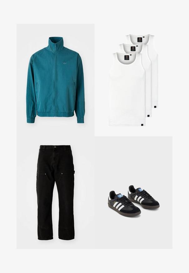 Turkos lättviktsjacka med hög krage, dragkedja fram, två sidfickor, elastiska muddar och tre vertikala ränder längs ärmarna.; Tre vita ribbade linnen i bomull. Har rund halsringning och små svarta etiketter vid fållen. Finns i flera storlekar.; Svarta denimcargo byxor med en avslappnad passform, som har två framfickor, sidofickor och synliga sömnadsdetaljer.; Svarta sneakers med övre del av mocka och syntetmaterial, med tre vita ränder, texturerad gummisula och blå logotags på tungan.