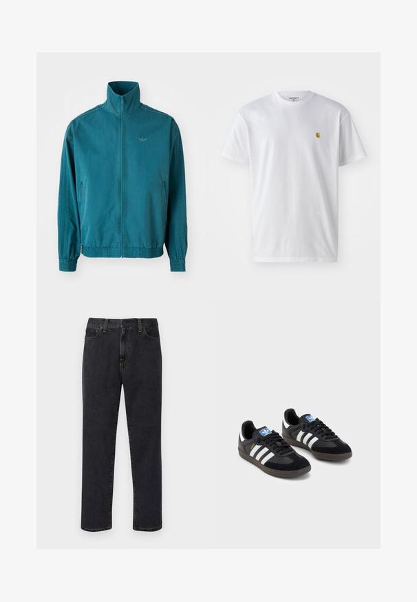 Türkiissinine kerge jakk kõrge kraega, lukuga ees, kahe küljetaskuga, elastsete mansettidega ning kolme vertikaalse triibuga varrukatel.; Valge puuvillane t-särk lühikeste varrukatega, ümmargune kaelus, millel on väike kuldne logo vasakul rinnal. Pehme tekstuur ja regulaarne lõike.; Mustad sirgedega teksad, millel on esikotid, vöökohad ja nupuga sulgur, esitatud valge tausta ees.; Mustad tossud, mille pealseks on seemisnahk ja sünteetilised materjalid, kolme valge triibuga, tekstureeritud kummitald ja sinine logo silt keele peal.