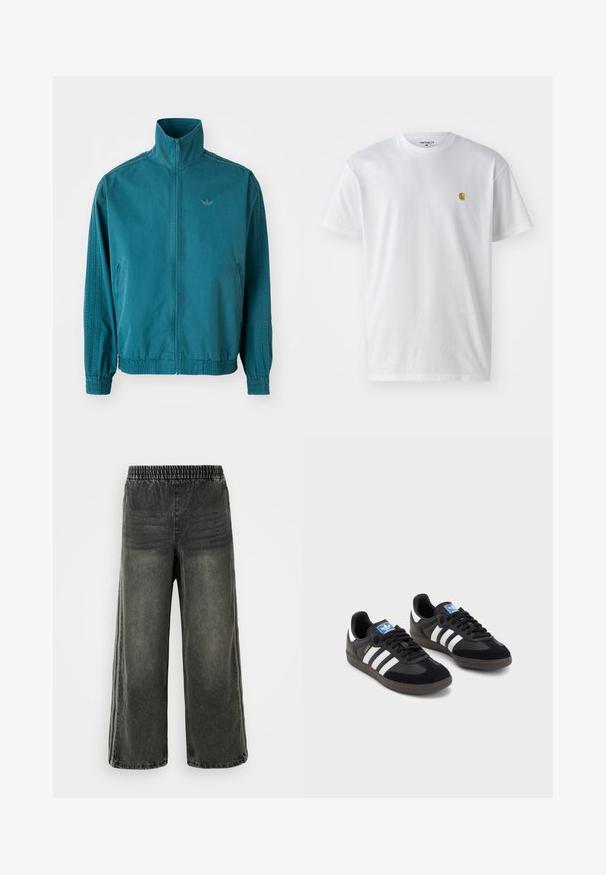 Turkos lättviktsjacka med hög krage, dragkedja fram, två sidfickor, elastiska muddar och tre vertikala ränder längs ärmarna.; Vit bomullströja med korta ärmar, rund halsringning, med en liten guldlogotyp på vänster bröstområde. Mjuk textur och vanlig passform.; Svart tvättade denimbyxor med elastisk midja och vida ben, med subtila vertikala sömdetaljer på sidorna.; Svarta sneakers med övre del av mocka och syntetmaterial, med tre vita ränder, texturerad gummisula och blå logotags på tungan.