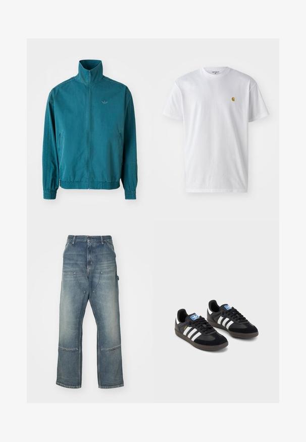 Jachetă ușoară de culoare teal, cu guler înalt, fermoar pe față, două buzunare laterale, manșete elastice și trei dungi verticale pe mâneci.; Tricou alb din bumbac, cu mâneci scurte, gât echipat, având un mic logo auriu în zona stânga a pieptului. Textură moale și croială normală.; Jeans de culoare albastru deschis, cu o croială confortabilă, realizate din denim. Prezintă picioare largi, buzunare mari în față și detalii cu cusături în contrast.; Tenisi negri cu superior din suede și sintetic, având trei dungi albe, talpă din cauciuc texturat și etichetă albastră cu logo pe limbă.