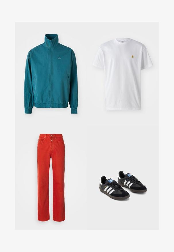 Tamsiai mėlyna lengva striukė su aukštu apykakle, užtrauktuku priekyje, dviem šoninėmis kišenėmis, elastinėmis rankovėmis ir trimis vertikaliomis juostomis ant rankovių.; Balta medvilnės marškinėliai su trumpomis rankovėmis, apvalia iškirpte, kuriuose kairėje krūtinės pusėje yra mažas auksinis logotipas. Minkšta tekstūra ir reguliari forma.; Raudoni džinsai su tiesia kojų forma, su mygtuko uždarymu, dviem priekinėmis kišenėmis ir lygiu, šiek tiek tekstūruotu audiniu.; Juodi sportiniai bateliai su zomšos ir sintetine viršutine dalimi, turintys tris baltas juosteles, tekstūruotą gumos pado paviršių ir mėlyną logotipo etiketę ant liežuvėlio.