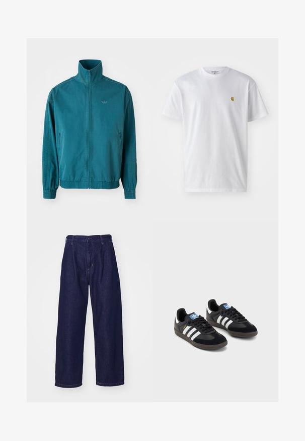 Chaqueta ligera color teal con un alto cuello, cierre de cremallera frontal, dos bolsillos laterales, puños elásticos y tres franjas verticales a lo largo de las mangas.; Camiseta de algodón blanca con mangas cortas, cuello redondo, que presenta un pequeño logo dorado en la parte izquierda del pecho. Textura suave y corte regular.; Jeans de mezclilla azul oscuro, diseño de pierna ancha, cintura alta, con cierre de botón y estilo clásico de cinco bolsillos. Textura suave, costura sutil.; Zapatillas negras con un upper de ante y sintético, con tres rayas blancas, suela de goma texturizada y etiqueta de logo azul en la lengüeta.
