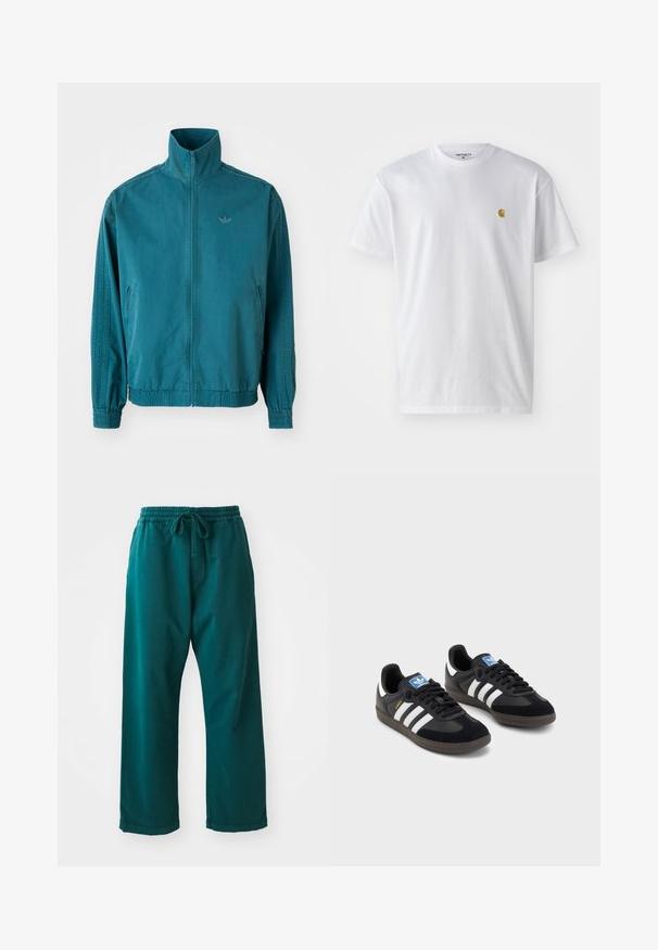 Türkisfarbene, leichte Jacke mit hohem Kragen, Reißverschluss vorne, zwei seitlichen Taschen, elastischen Bündchen und drei vertikalen Streifen an den Ärmeln.; Weißes Baumwoll-T-Shirt mit kurzen Ärmeln, Rundhalsausschnitt, mit einem kleinen goldenen Logo im linken Brustbereich. Weicher Stoff und normale Passform.; Türkise weit geschnittene Hosen aus weichem Stoff, mit einem elastischen Taillenbund und einer Zugkordel für eine verstellbare Passform sowie einer glatten Textur.; Schwarze Sneaker mit einem Obermaterial aus Wildleder und Synthetik, ausgestattet mit drei weißen Streifen, einer strukturierten Gummi-Sohle und einem blauen Logo-Tag auf der Zunge.