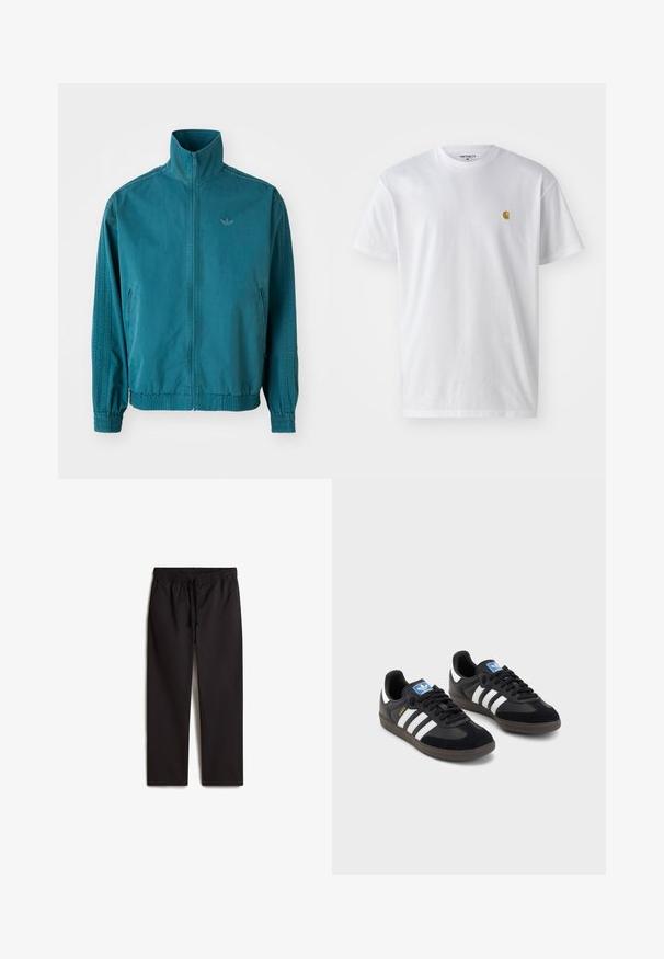 Tyrkysová lehká bunda s vysokým límcem, zapínáním na zip, dvěma bočními kapsami, elastickými manžetami a třemi vertikálními pruhy na rukávech.; Bílé bavlněné tričko s krátkým rukávem a kulatým výstřihem, s malým zlatým logem na levé straně hrudi. Měkká textura a klasický střih.; Černé kalhoty s elastickým pasem a šňůrkou; rovný střih; hladká textura; obsahují dvě boční kapsy.; Černé tenisky s vrškem z semiše a syntetického materiálu, s třemi bílými pruhy, texturovanou gumovou podrážkou a modrou nášivkou loga na jazyku.
