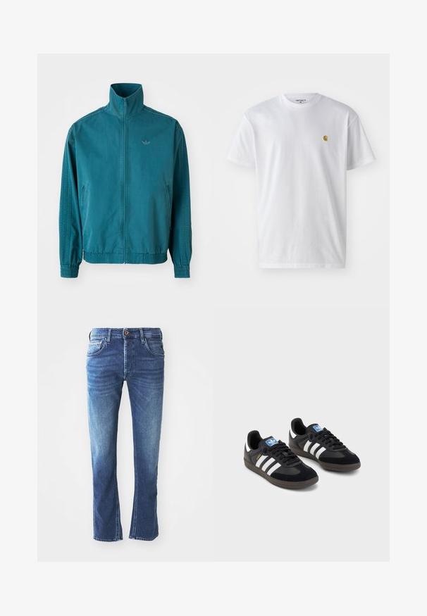 Jachetă ușoară de culoare teal, cu guler înalt, fermoar pe față, două buzunare laterale, manșete elastice și trei dungi verticale pe mâneci.; Tricou alb din bumbac, cu mâneci scurte, gât echipat, având un mic logo auriu în zona stânga a pieptului. Textură moale și croială normală.; Jeans din denim albastru închis cu un design drept, având cinci buzunare, o închidere cu un buton maro și degradare subtilă deschisă la coapse.; Tenisi negri cu superior din suede și sintetic, având trei dungi albe, talpă din cauciuc texturat și etichetă albastră cu logo pe limbă.