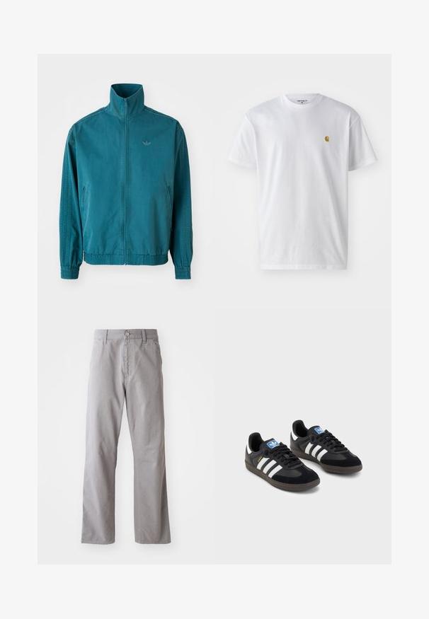 Teal lightweight jacket with a high collar, zip front, two side pockets, elastic cuffs, and three vertical stripes along the sleeves.; White cotton t-shirt with short sleeves, crew neck, featuring a small gold logo on the left chest area. Soft texture and regular fit.; Gray cotton pants with a straight-leg design, featuring a front button closure and belt loops. Smooth texture and minimal detailing.; Black sneakers with a suede and synthetic upper, featuring three white stripes, textured rubber sole, and blue logo tag on the tongue.